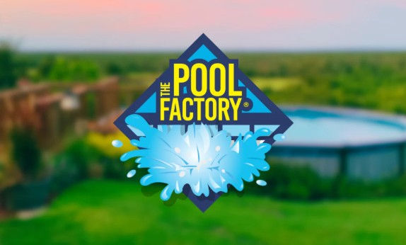 The Pool Factory logo with a splash design is centered over a blurred, green landscape with a pool. Vibrant and summery feel.