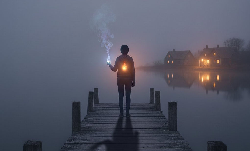 Person holding lanterns stands on a foggy dock, facing glowing houses across a calm lake. Mood is mysterious and tranquil.