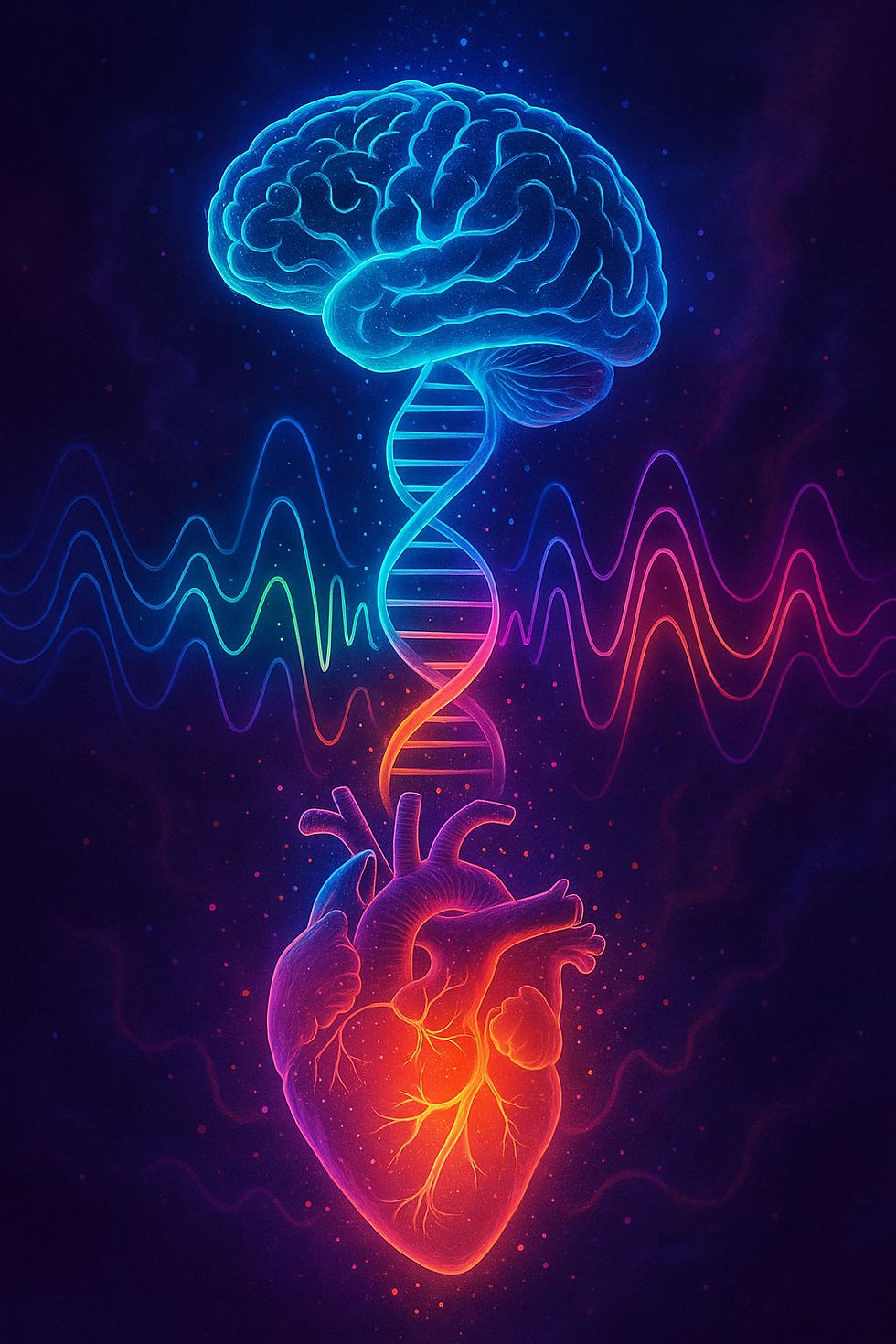 Glowing brain and heart connected by DNA strand, with colorful waves on dark background. Vivid colors and energetic mood.