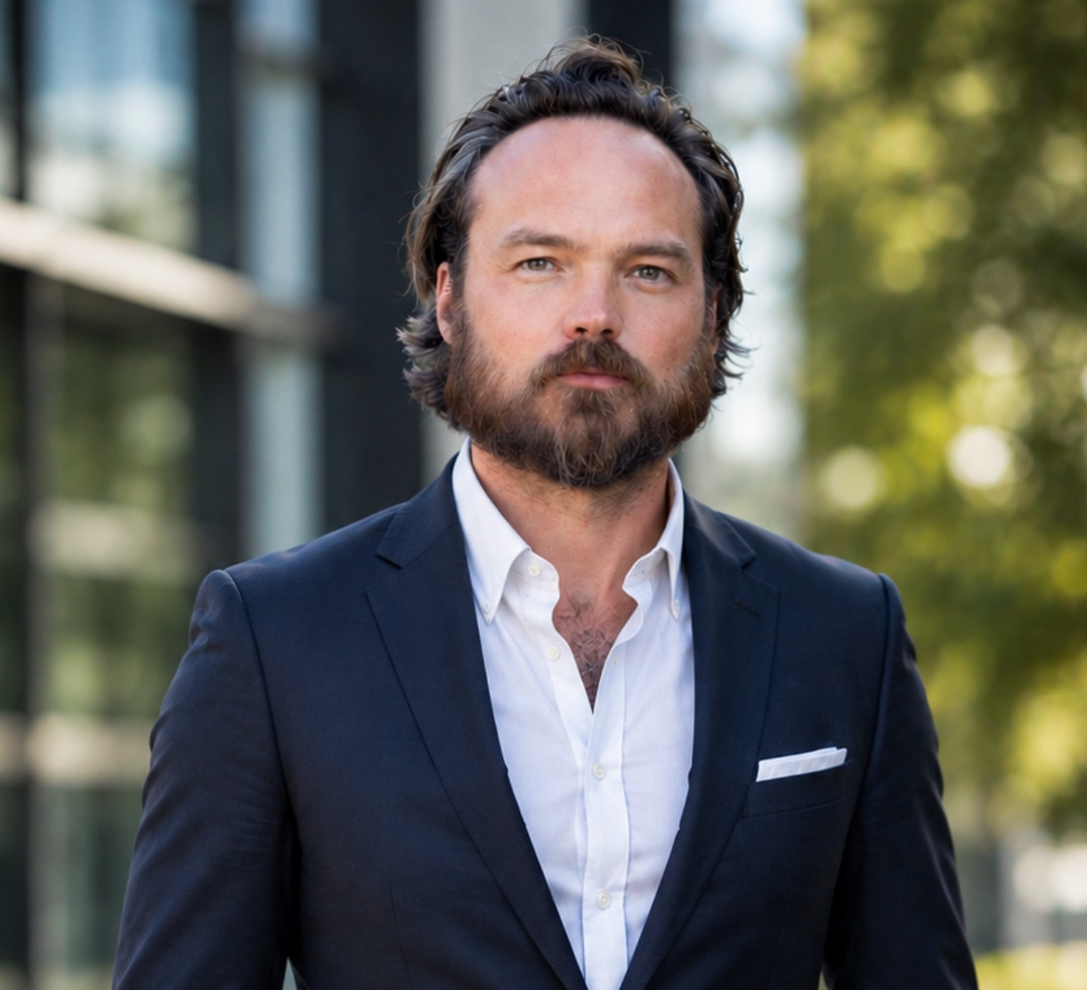 Bearded man in a navy suit and white shirt stands outdoors by a glass building, hands in pockets, looking serious.