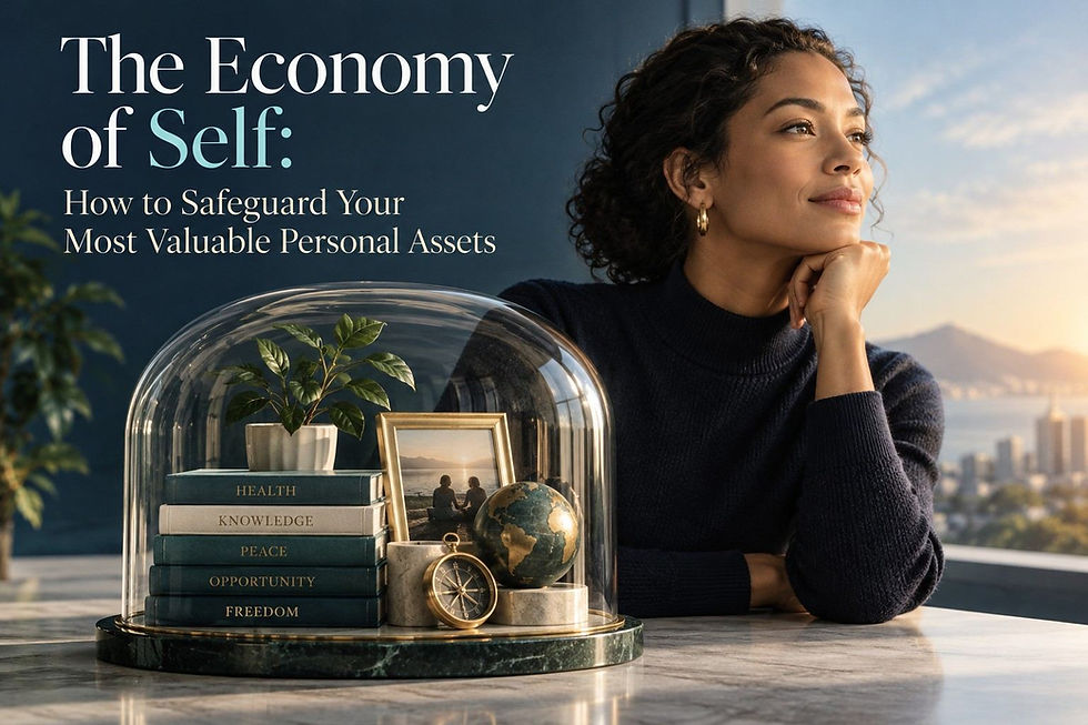 Woman gazes over a city at sunset beside a glass dome of books labeled Health, Knowledge, Peace, Opportunity, Freedom.