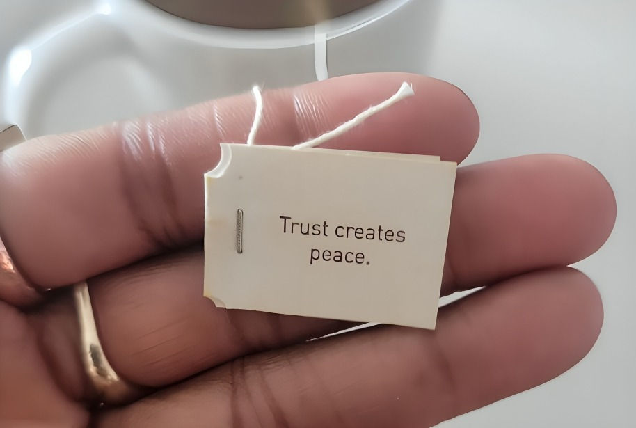 Hand holding a tea bag tag that reads Trust creates peace., against a soft white background.