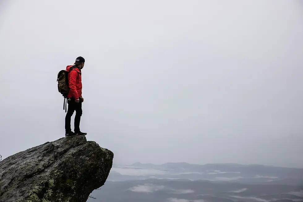 A person in a red jacket stands on a rocky cliff edge, overlooking a misty, gray mountain landscape.