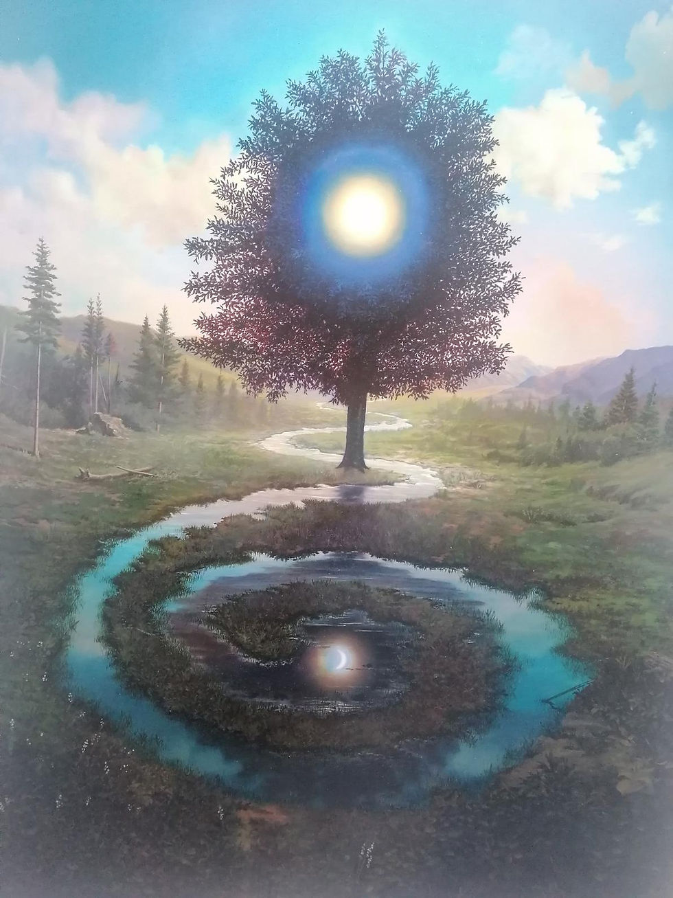 Surreal landscape with a lone tree, glowing sun, winding stream, and mountains under a bright blue sky.