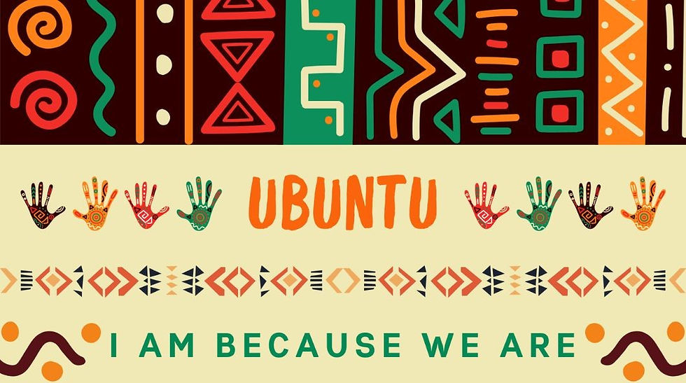 Colorful geometric patterns and handprints surround the word "UBUNTU" with the phrase "I AM BECAUSE WE ARE" below, in a tribal design.