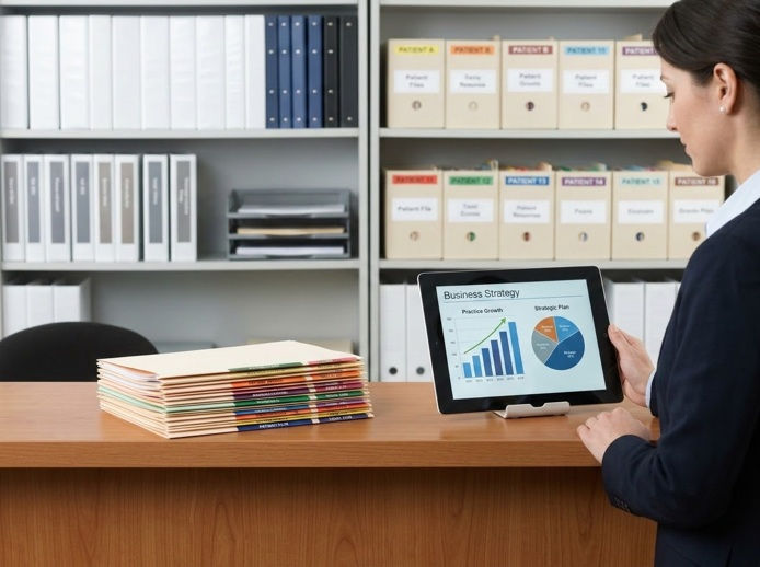 Woman in an office archive holds a tablet showing Business Strategy charts beside stacked files and labeled patient folders.