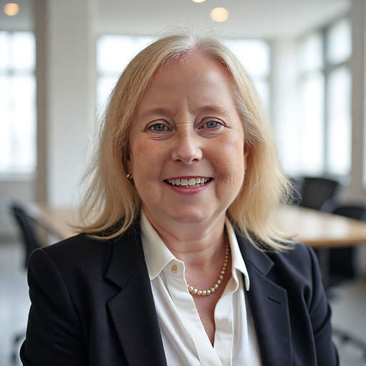 Smiling woman in a black blazer and white shirt in a bright office, with soft focus on background windows and table. Warm, professional vibe.