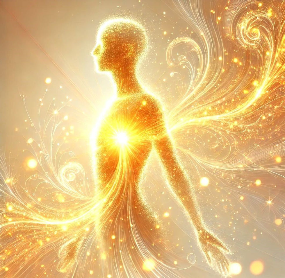 Glowing golden silhouette with radiant heart, surrounded by swirling light patterns on a warm backdrop, creating a serene, ethereal mood.