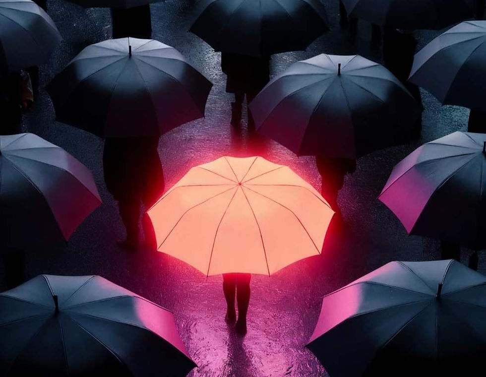 A group of people holding black umbrellas in the rain, with one bright pink umbrella standing out in the center