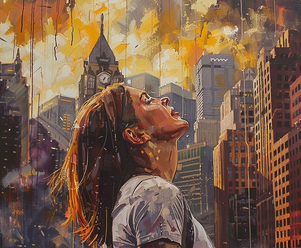  a woman gazing upward with a sense of wonder or contemplation, set against a vibrant cityscape.