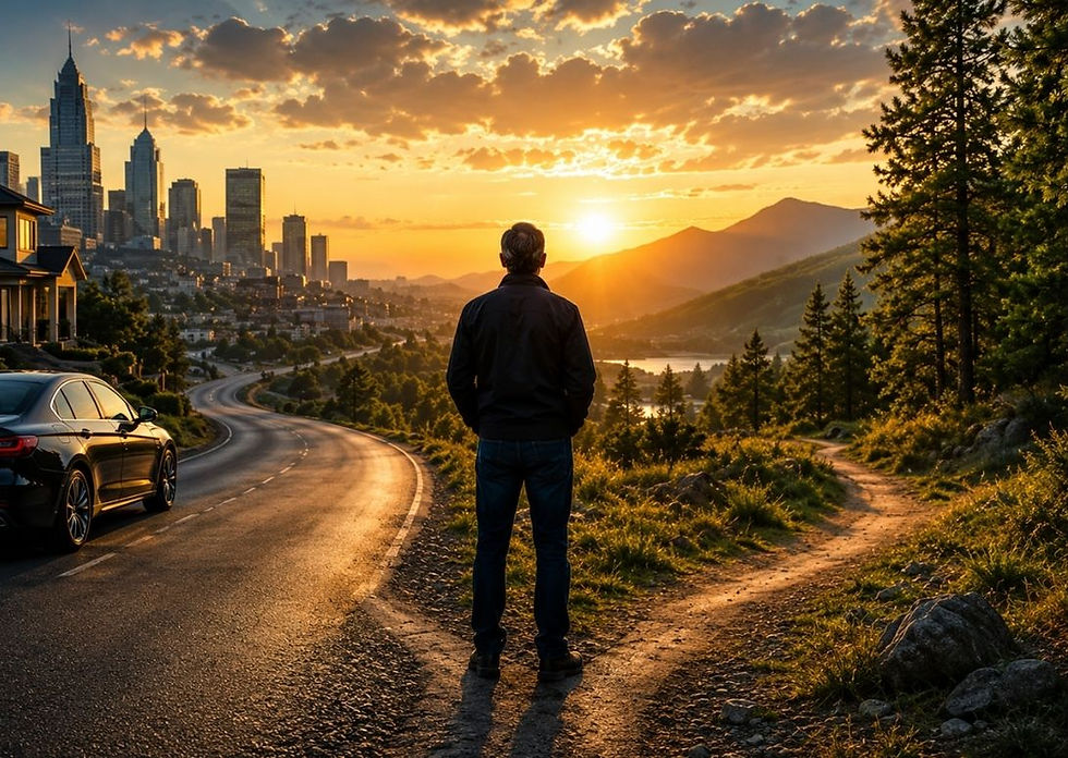 Hiker with backpack walks mountain trail at sunset beside signpost reading Purpose, Passion, Growth, Freedom, Authenticity.