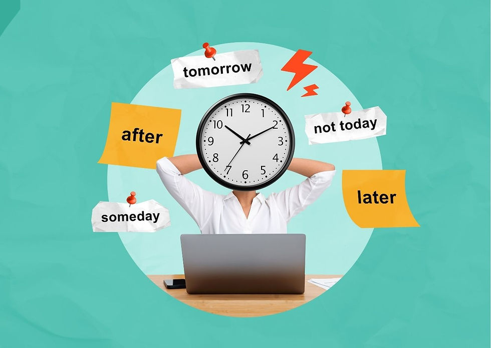 Person with clock face behind laptop, arms folded. Words like "tomorrow," "later," "not today" pinned around. Teal background.