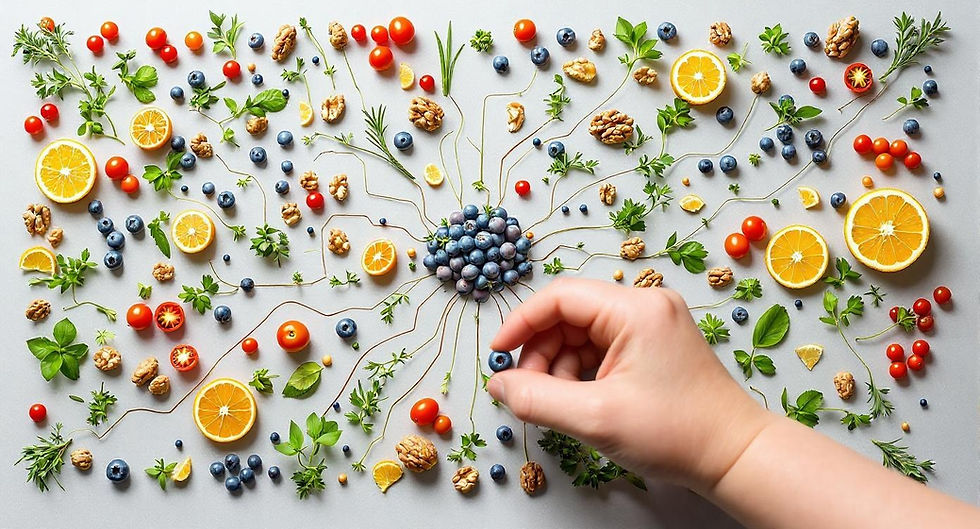 Hand arranging blueberries in a radial pattern on a table with oranges, cherry tomatoes, herbs, and walnuts. Bright and colorful arrangement.