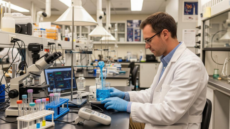 A scientist in a lab coat works with blue liquid in beakers, surrounded by lab equipment and a computer displaying data. Laboratory setting.