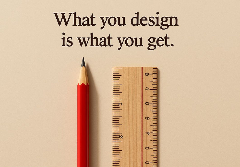 Red pencil and wooden ruler on beige background with text "What you design is what you get." Simple and motivational design.