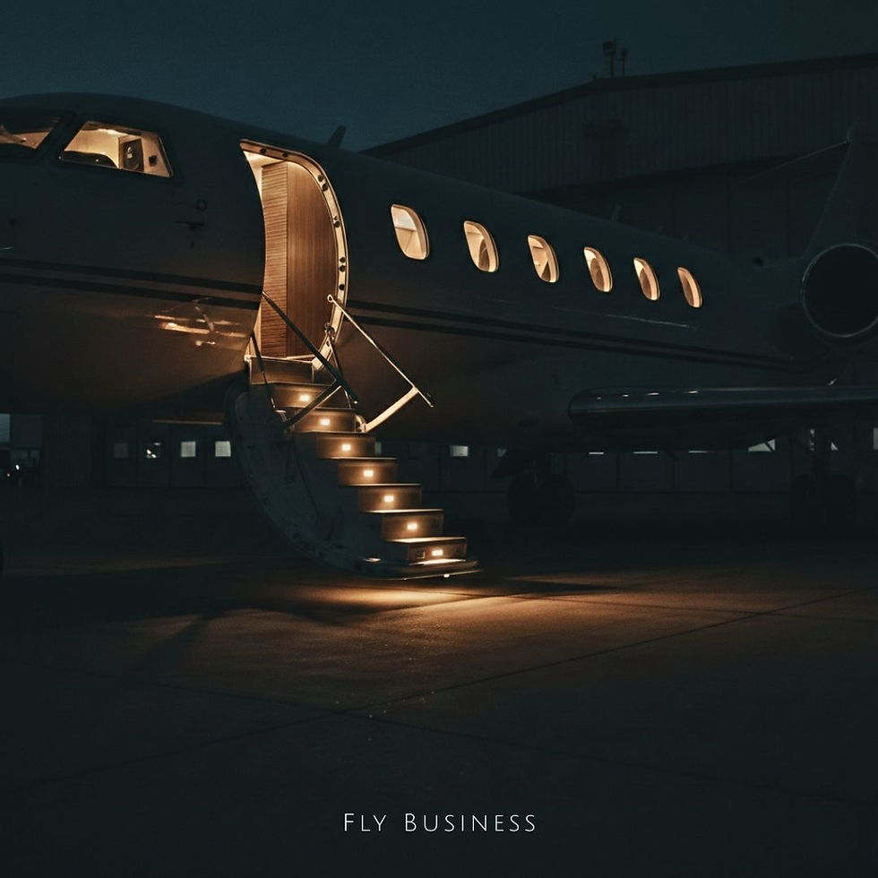 Private jet at night with illuminated stairs leading to the entrance. Moody lighting. Text: "Fly Business" at the bottom.