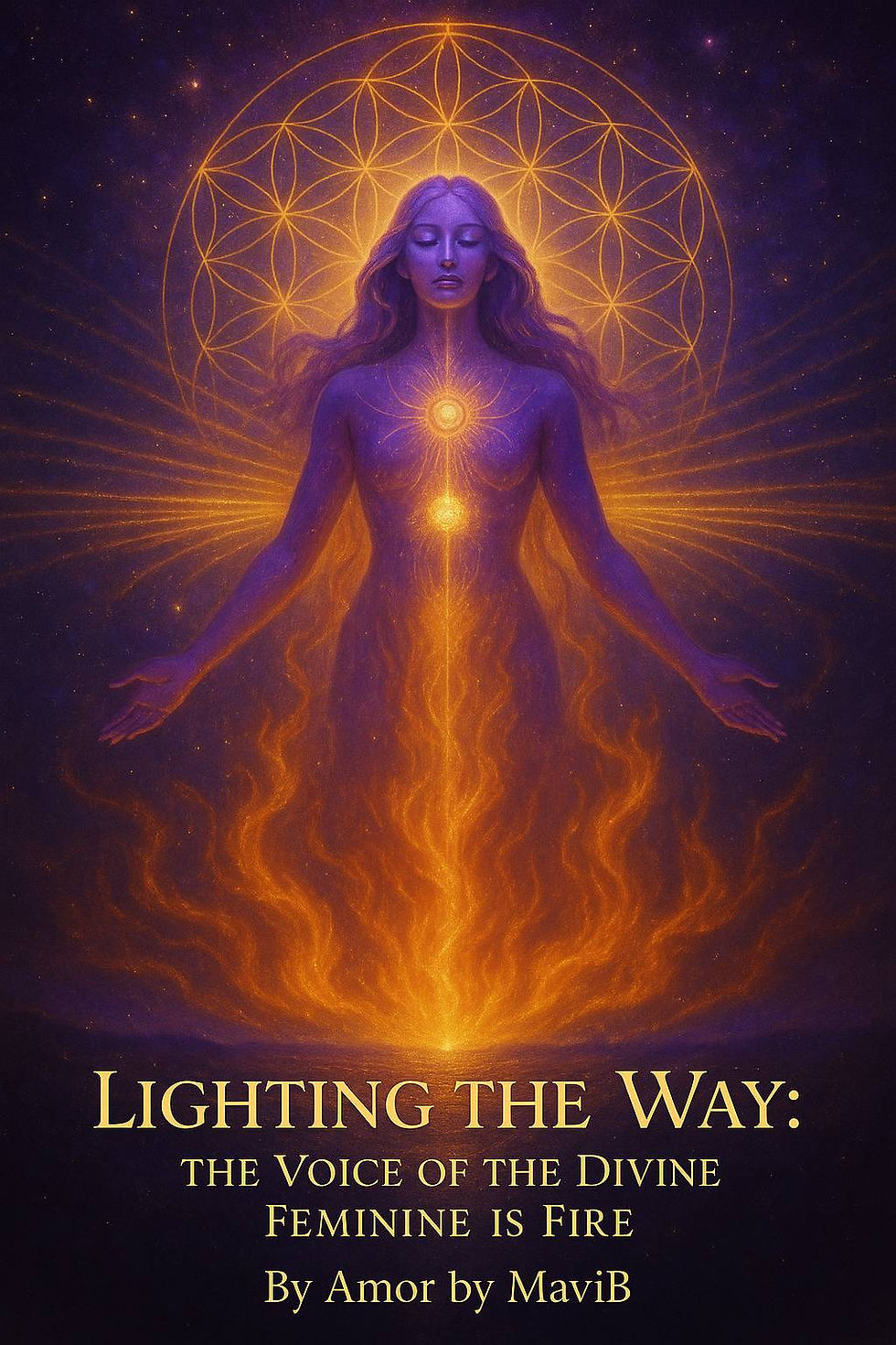 Radiant figure with purple skin and glowing chakras. Surrounded by vibrant orange flames and cosmic background. Text: Lighting the Way.