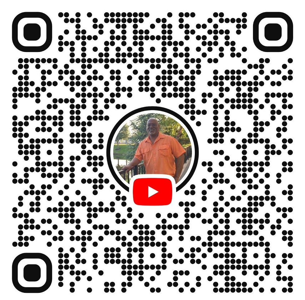 QR code with a circular inset of a smiling man in an orange shirt, standing outdoors. YouTube logo overlay. Background with trees.