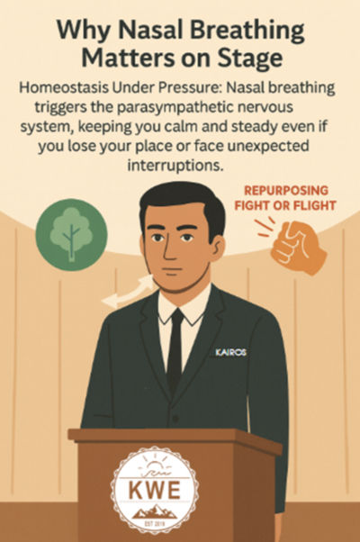 Man in a suit at a podium on stage; text highlights nasal breathing's calming effects. Background includes fight/flight icon, tree icon.