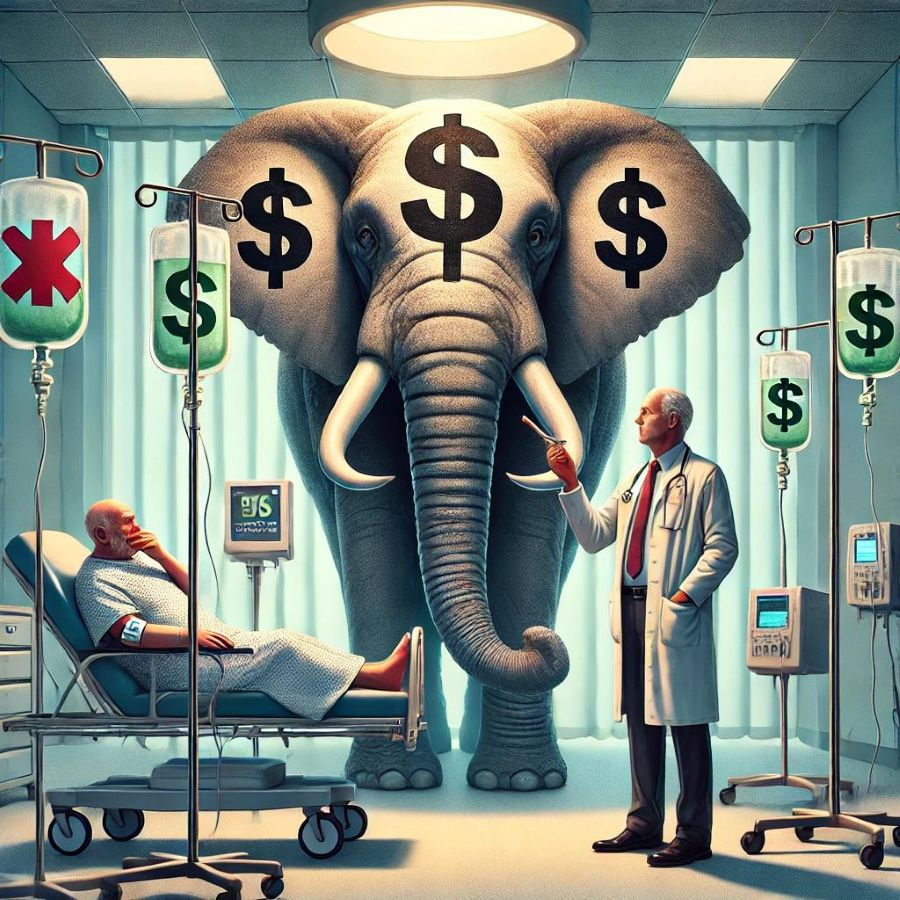 The image depicts a hospital room where a doctor is speaking to a patient in a bed, while a large elephant with dollar signs on its forehead and ears stands in the background. 