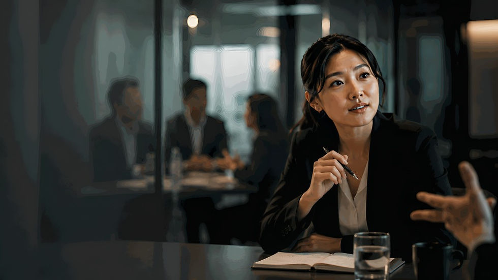 Businesswoman in a dim conference room holds a pen over a notebook, listening to a colleague; blurred coworkers behind.
