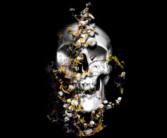 The image features a realistic human skull partially overgrown with delicate flowers and vines, set against a dark background.