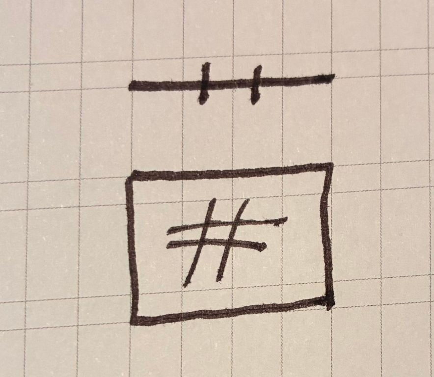 Black hashtag symbol inside a rectangular frame on grid paper. Two short horizontal lines are drawn above it. Minimalistic style.