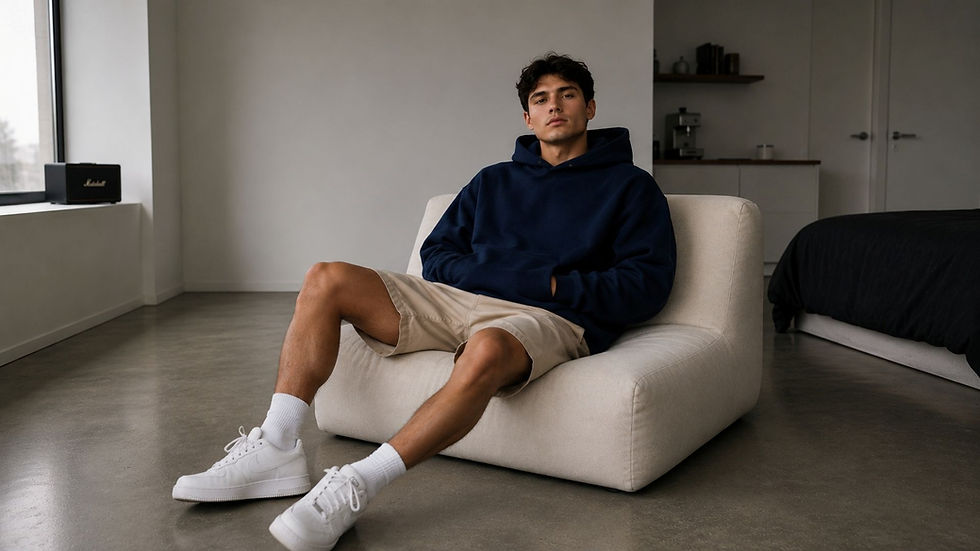 Young man sitting in a white lounge chair in a minimalist bedroom, wearing a navy hoodie, beige shorts, white socks, and white sneakers.
