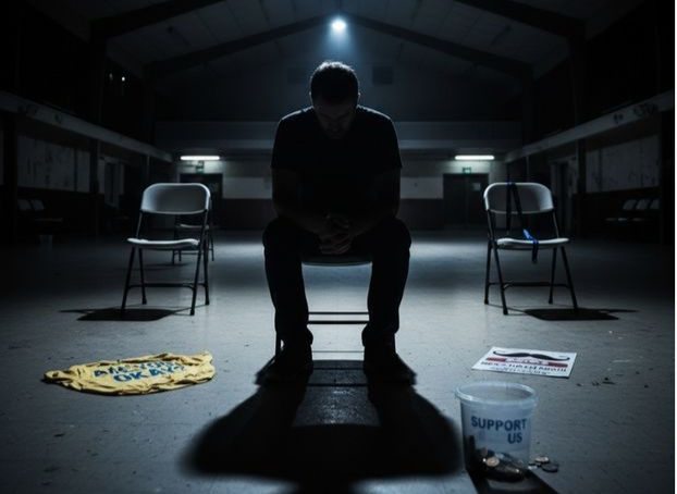 Man sits in shadowy room, head down. Two chairs and items on the floor: a yellow shirt, a "Support Us" bucket, a sign. Somber mood.
