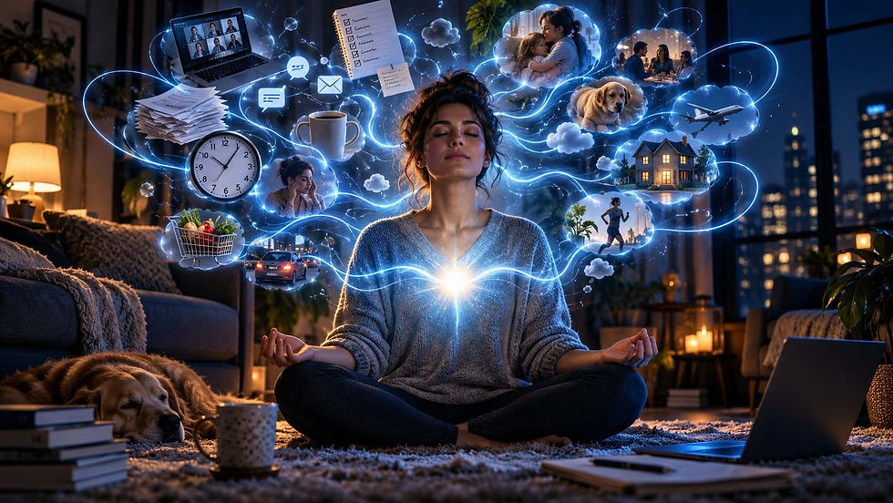 Woman meditates on a living room rug as glowing blue bubbles show work, family, travel, home, and daily tasks around her.