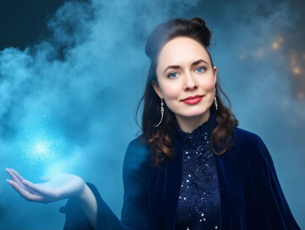Woman in a blue velvet outfit holds glowing sparkles in her hand against a misty blue background. She smiles, creating a mystical mood.