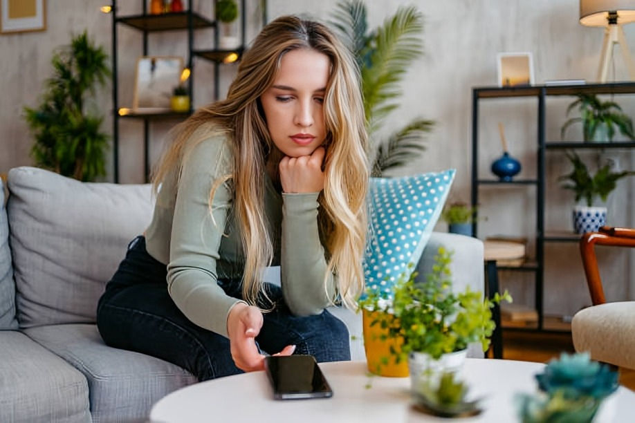 Pensive young woman sits on a gray sofa, staring at a smartphone in a cozy living room with plants and shelves.