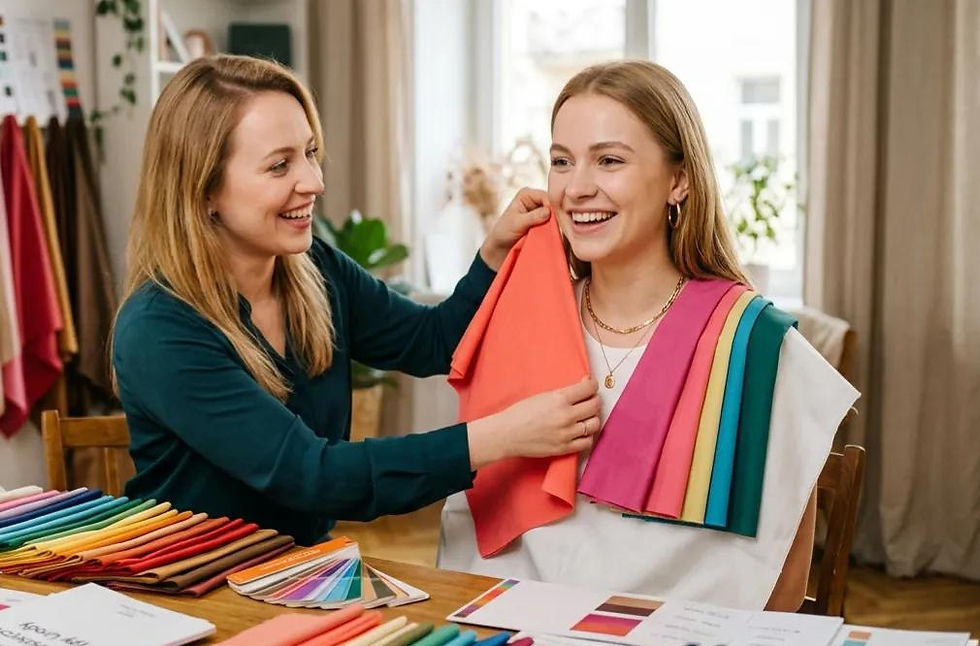 Two women smile as one drapes coral fabric on the other in a bright studio with colorful swatches on the table.