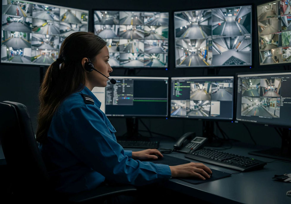 A security officer in blue monitors multiple CCTV screens in a dark control room, wearing a headset, focused, with screens showing various locations.
