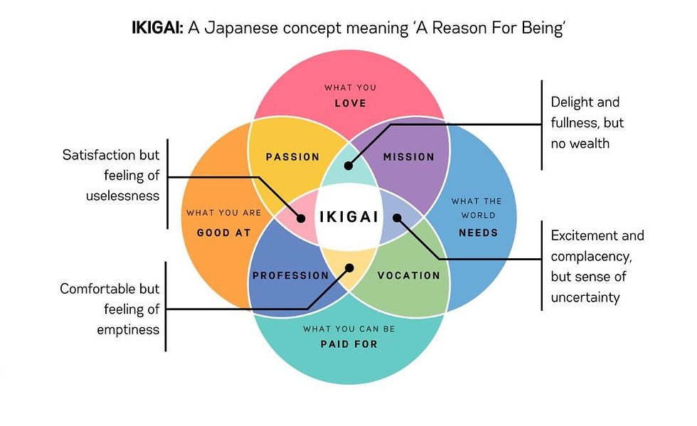 Venn diagram illustrating Ikigai, a Japanese concept for life purpose. Overlapping areas show passion, mission, vocation, and profession.