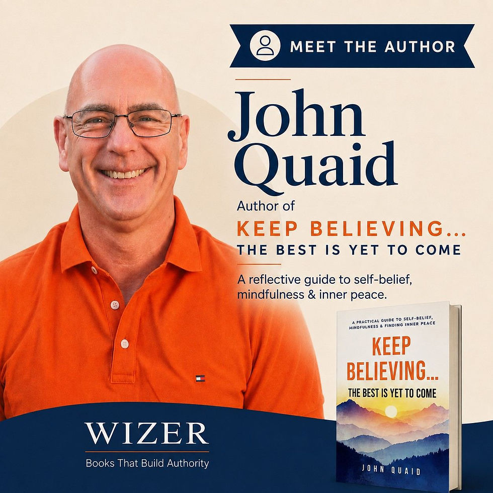 Smiling bald man in orange polo beside book promo for John Quaid's Keep Believing... The Best Is Yet to Come, with Wizer branding.