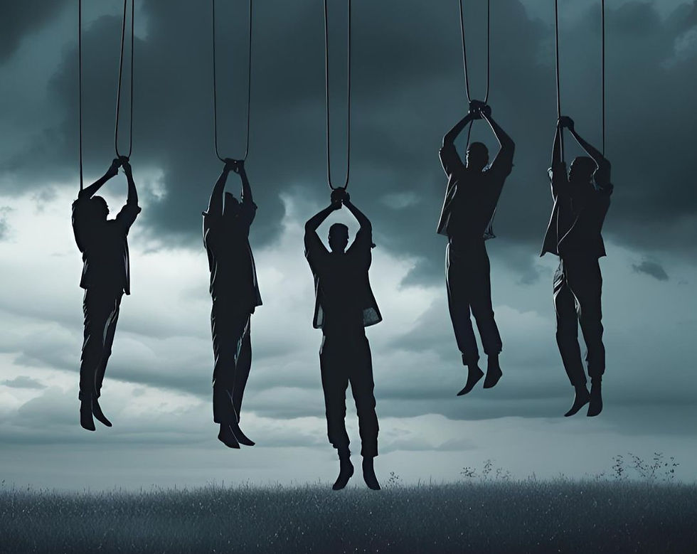 The photo shows five silhouetted figures hanging by ropes against a dark, stormy sky.