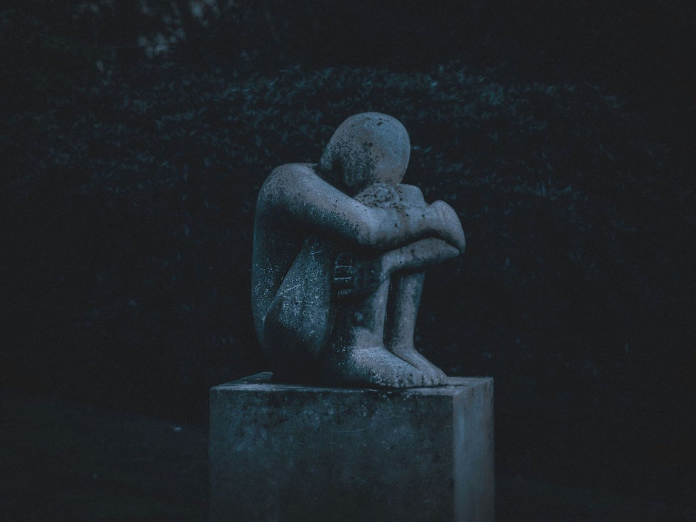 A stone sculpture of a seated figure hugging knees, on a pedestal. The setting is dark and moody, with a shadowy, leafy background.