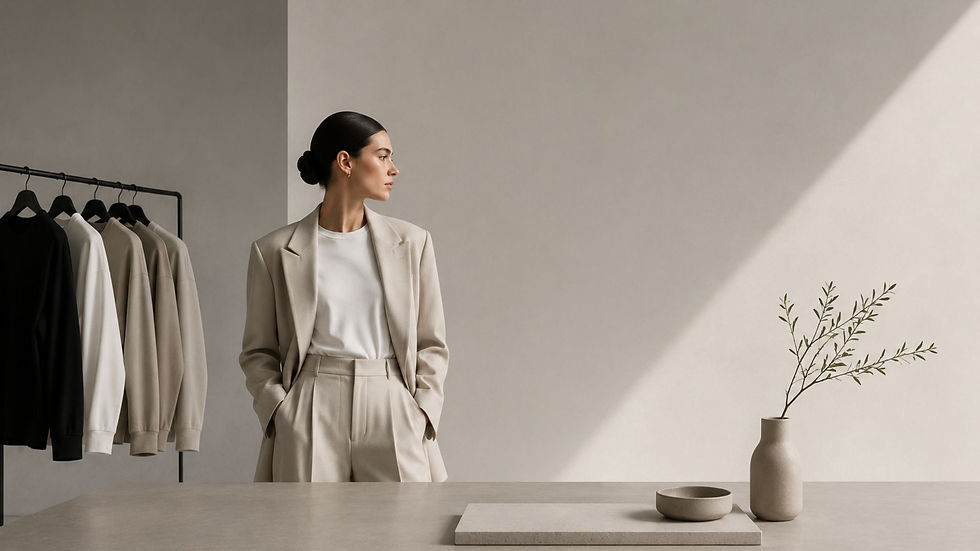 Stacks of folded hoodies in white, beige, gray, and black on a display table in a minimalist clothing store.