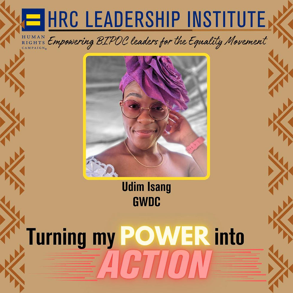 The image is a promotional graphic for the HRC Leadership Institute, featuring Udim Isang (GWDC) with the tagline "Turning my POWER into ACTION."