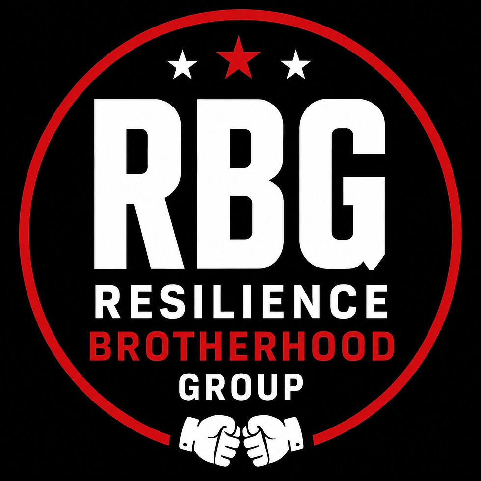 RBG logo on black with red circle, three stars, and fist bump icon; text reads Resilience Brotherhood Group