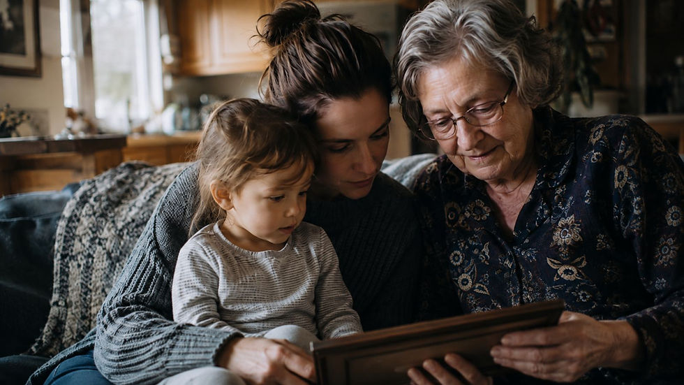 Grandmother, mother, and toddler on a couch, looking at a framed photo together in a cozy home, calm and tender.