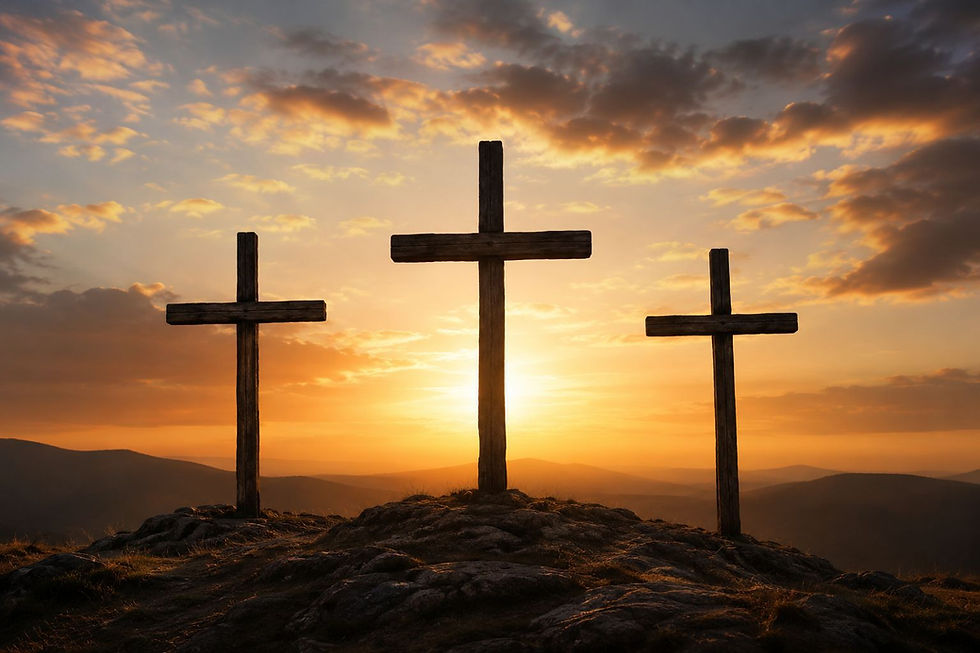 Three wooden crosses on a rocky hill at sunset, silhouetted against glowing orange clouds and distant mountains.