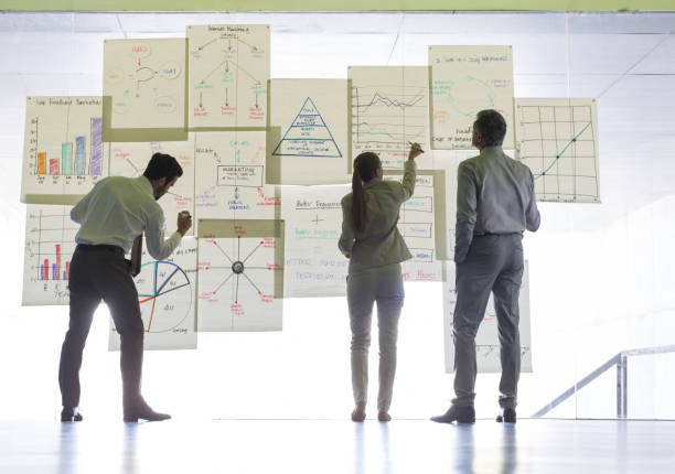 Business people working with charts and graphs on glass wall.
