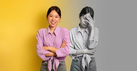 A woman in dual character - happy and sad