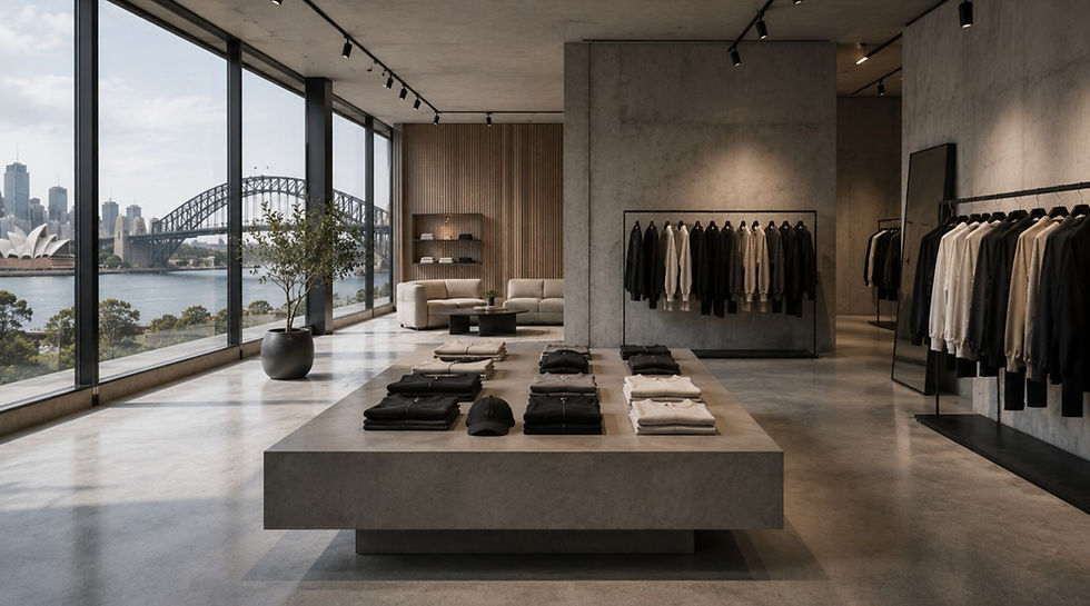 Minimalist clothing boutique with folded clothes and hanging jackets, overlooking Sydney Harbour Bridge and Opera House through tall windows