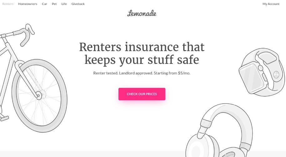Lemonade renters insurance homepage with bike and headphones, headline on keeping stuff safe and pink Check our prices button.