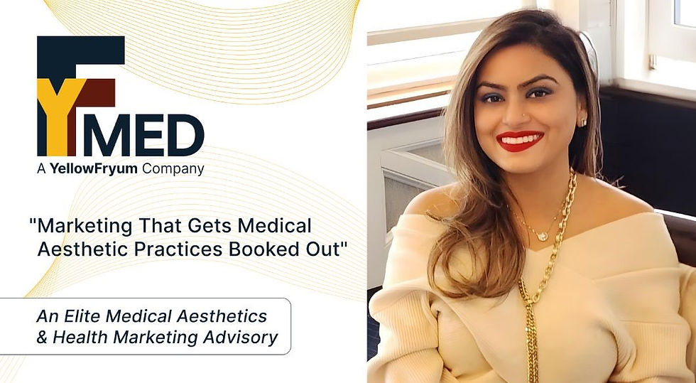 Smiling woman in off-shoulder top sits indoors. Text: "FYMED, A YellowFryum Company. Marketing that gets medical aesthetic practices booked out."