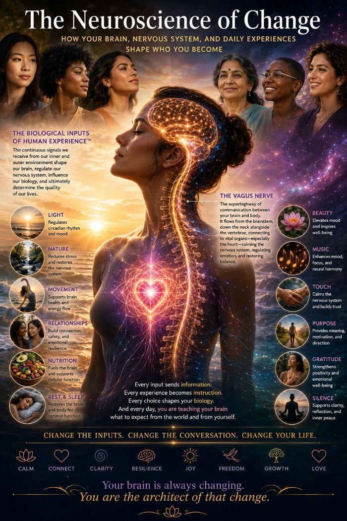 Poster of diverse women around a glowing brain-body silhouette, with text on neuroscience, change, and inputs like light, nature, and sleep.
