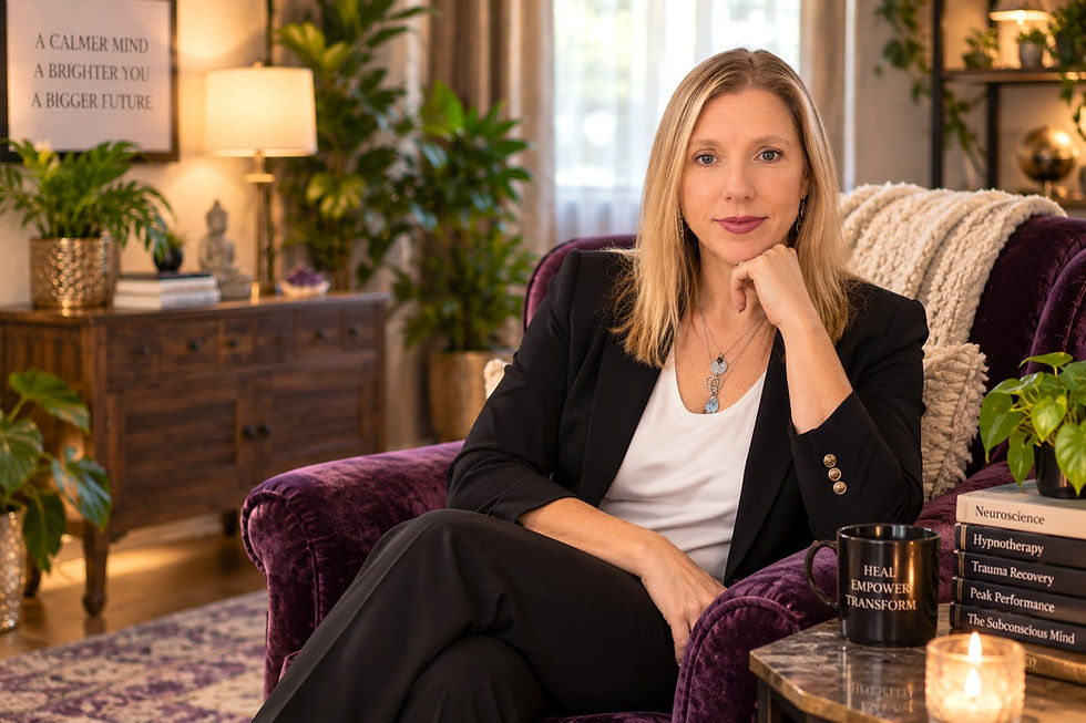 Blonde woman in black suit sits in purple chair in a cozy office, beside books and a mug reading HEAL EMPOWER TRANSFORM.